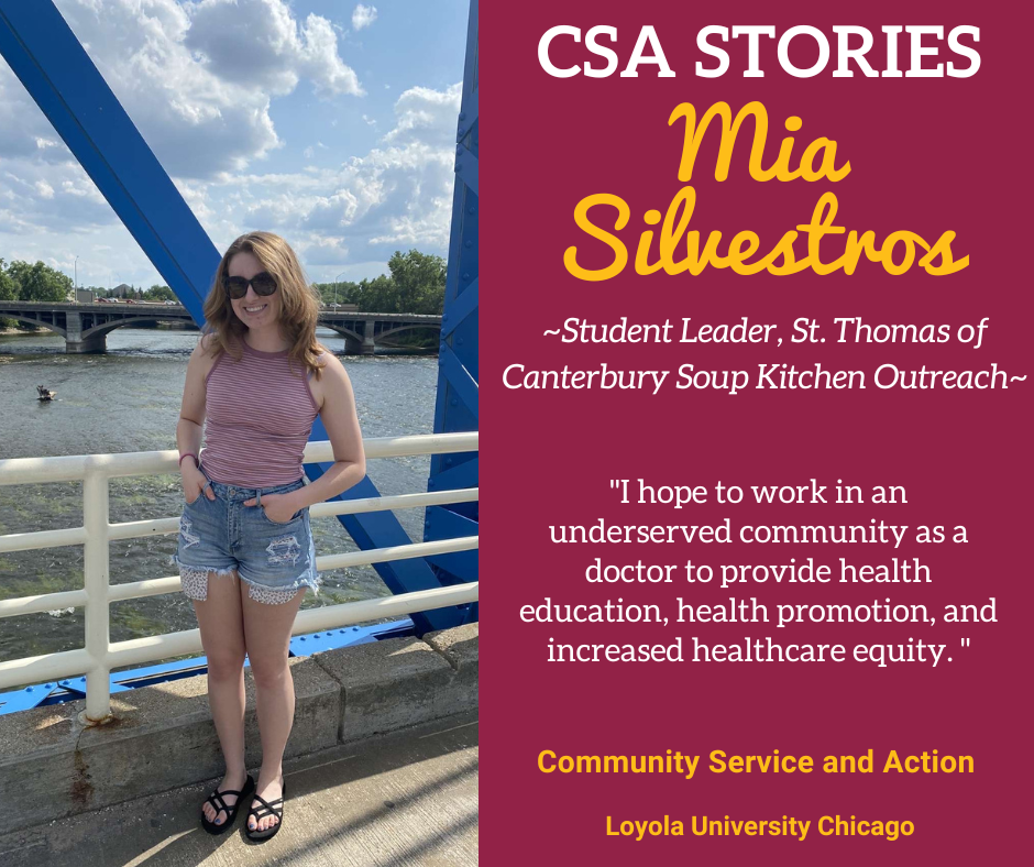 CSA Story Header for Mia Silvestros; image of Mia standing in front of water on a maroon and gold background